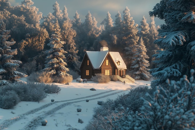 Winter wonderland cabin at dusk