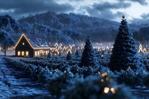 A Winter Wonderland Christmas Tree Farm at Night