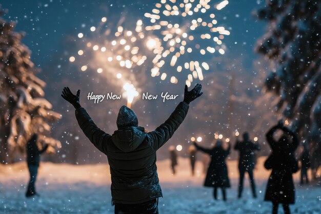 Photo winter wonderland collage images of a snowy landscape with people celebrating outside fireworks