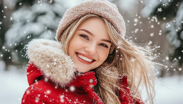 Winter Wonderland Joy Beautiful Woman Smiling in Snowfall Forest Walk Festive Season