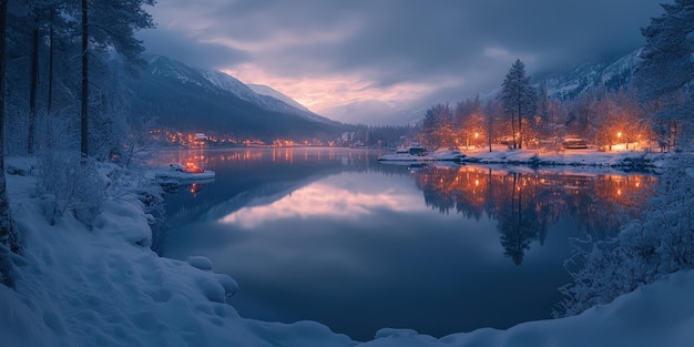 Photo winter wonderland majestic mountain lake at dusk