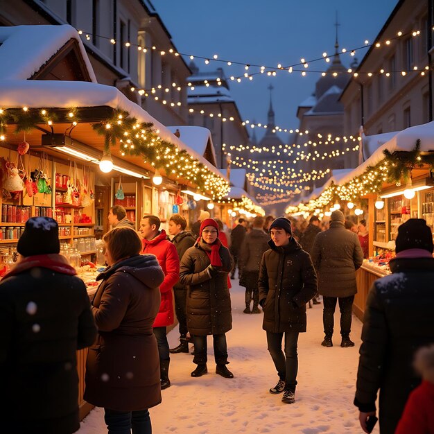 Winter Wonderland Marketplace with Bustling Crowds