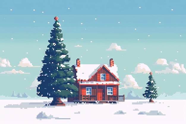 Winter Wonderland Pixel Art Illustration of a Christmas Tree and House in the Snow