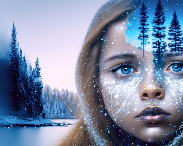 A winter wonderland reflected in a young girls face beneath a starry sky in a serene landscape