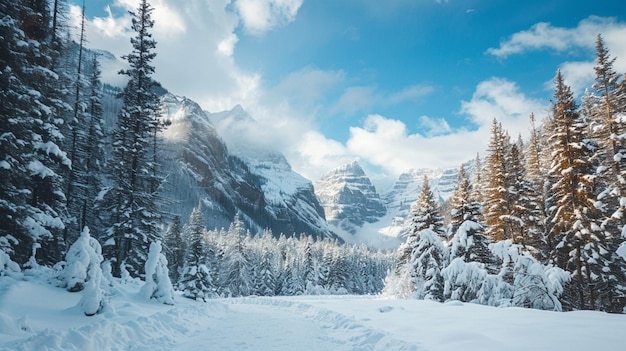 Winter Wonderland SnowCovered Forest Path in Majestic Mountain Landscape