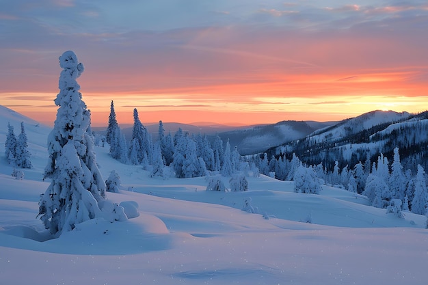 A winter wonderland of snowcovered trees and mountains