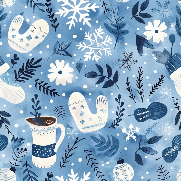 Photo winter wonderland snowflake and cozy icons seamless pattern