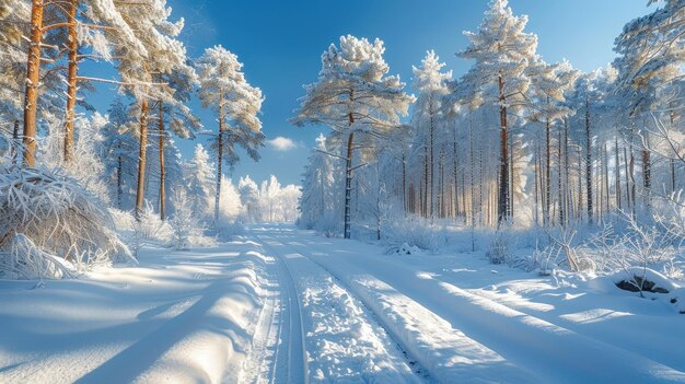 Winter Wonderland Snowy Forest Path Against Bright Blue Sky