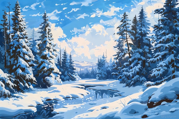 Winter Wonderland Snowy Landscape with Pine Trees and Clear Blue Sky