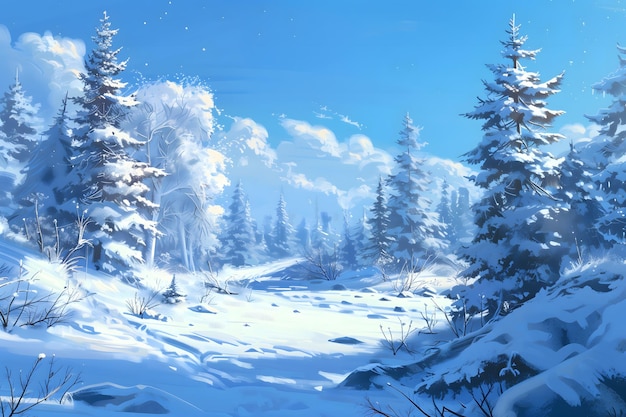 Winter Wonderland Snowy Landscape with Pine Trees and Clear Blue Sky