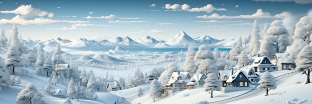 Winter Wonderland Village highly detailed illustration of a snowy village in red and white