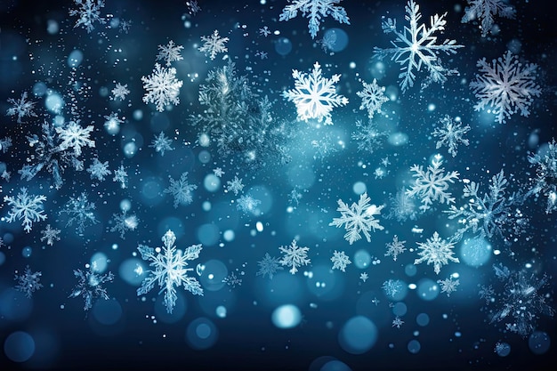 Winter wonderland with falling snowflakes on a blue background