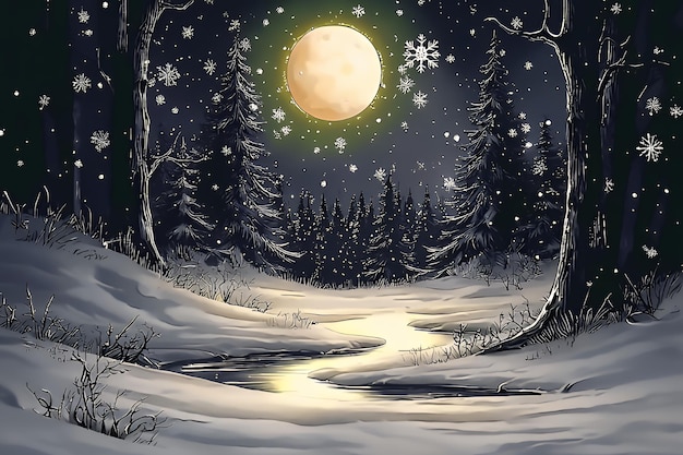 Winter Wonderland with Full Moon and Snowfall