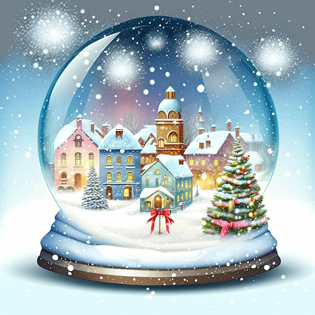 winter wonderland with little town and Christmas tree inside a snow globe , snowing, festive.