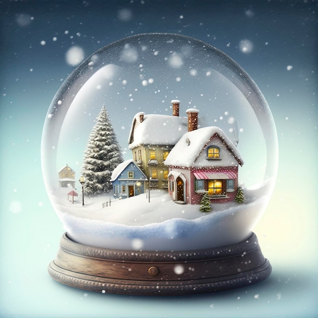 winter wonderland with little town and Christmas tree inside a snow globe , snowing, festive.