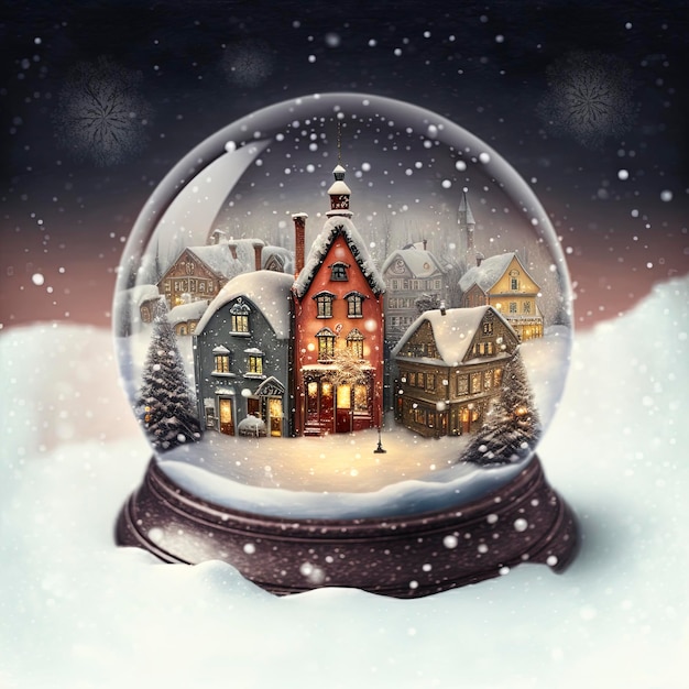 winter wonderland with little town and Christmas tree inside a snow globe , snowing, festive.