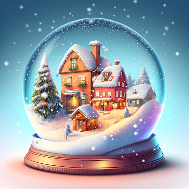 winter wonderland with little town and Christmas tree inside a snow globe , snowing, festive.