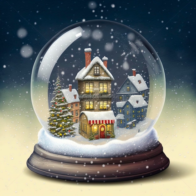 winter wonderland with little town and Christmas tree inside a snow globe , snowing, festive.