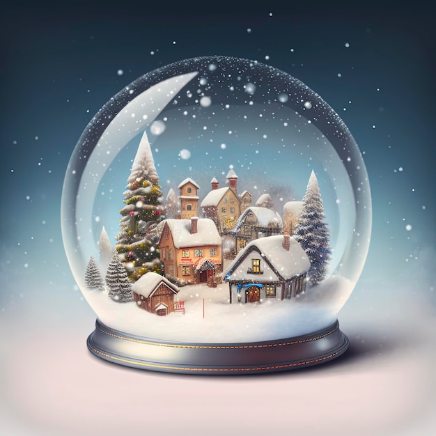 winter wonderland with little town and Christmas tree inside a snow globe , snowing, festive.