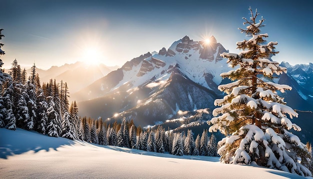 Winter wonderland with pine tree and mountain