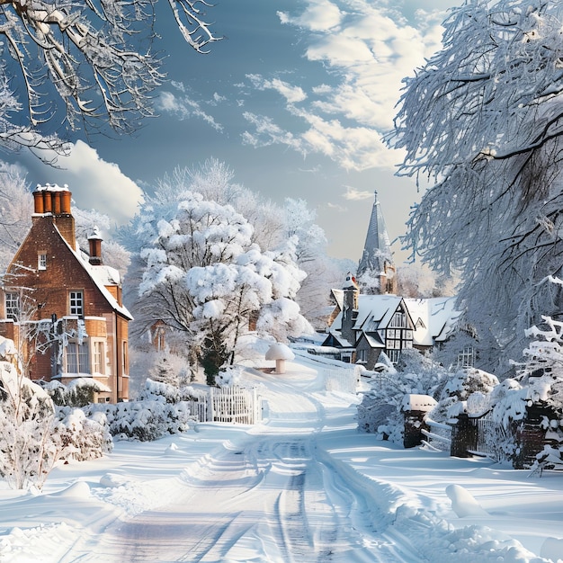 Photo winter wonderland with snow and ice covering the ground trees and buildings