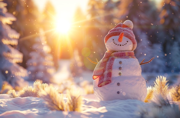 Photo winter wonderland with snowman at sunset serene snowy forest scenery in the winter twilight