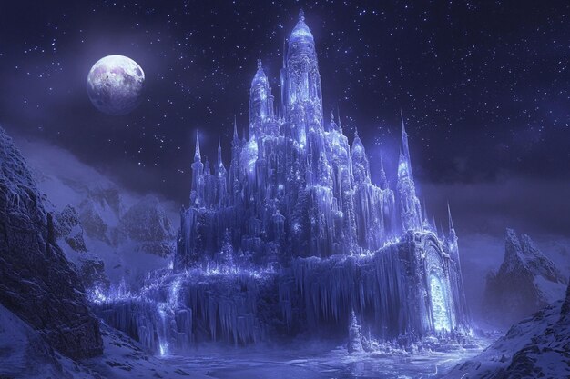 Photo a winter wonderland with towering ice castles