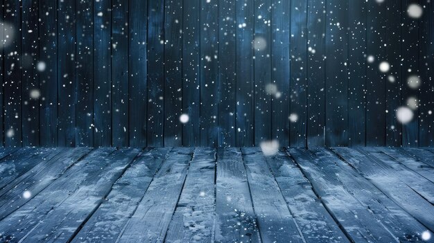 Photo winter wooden floor with snowfall background