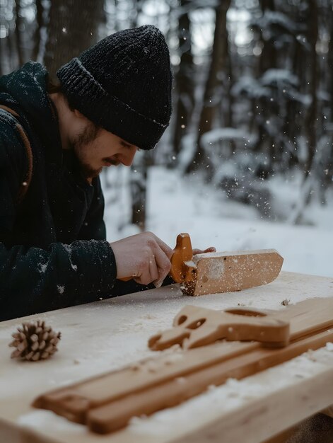 Photo winter woodworking man carving wood in snowy forest