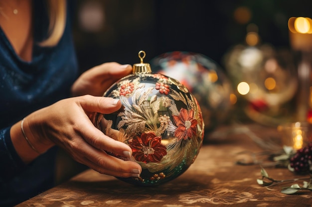 Winter workshop woman handcrafting shiny baubles