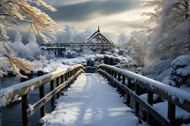 In winters embrace a wooden bridge spans across a snowy landscape