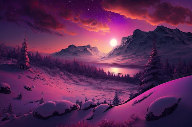 Winters pink and purple sunset over snowy hills and a forest growing there is a picturesque scene Promotional Site