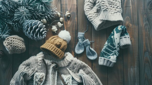 Photo a winterthemed flat lay of cozy knit sweaters mittens and pine cones creating a nostalgic and warm holiday atmosphere