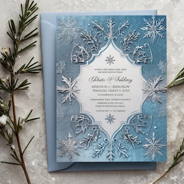 WinterThemed Wedding Invitation with Icy Blue Snowflakes and Elegant Calligraphy for Formal Ceremon