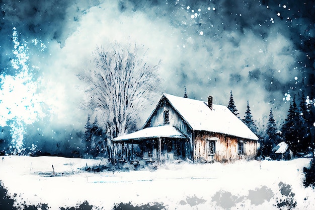 Wintertime rural home covered with snow