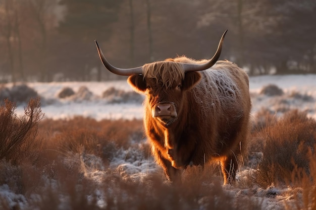 Wintertime Scottish Highlander ox in a Dutch forest