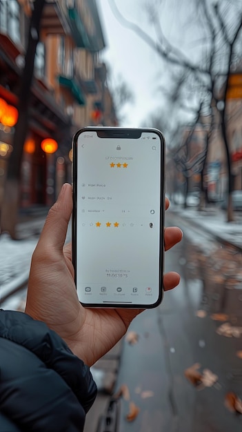 Photo wintery street scene with phone showing star rating page