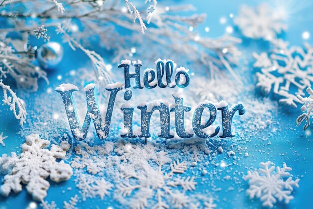 Wintry Charm of Hello Winter in Icy Blue Letters Encased in Snowflakes