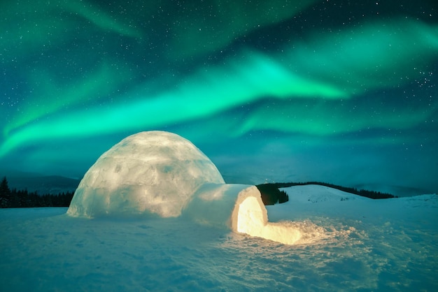 Wintry scene with glowing polar lights and snowy igloo