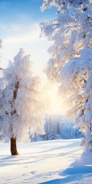 Wintry scene with snowladen trees and sun