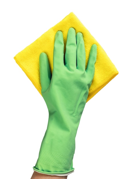 Wiping with yellow fiber cloth Hand in glove with wiper duster isolated on white background