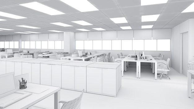 Wire-frame images office interior,structure lines,3d rendering