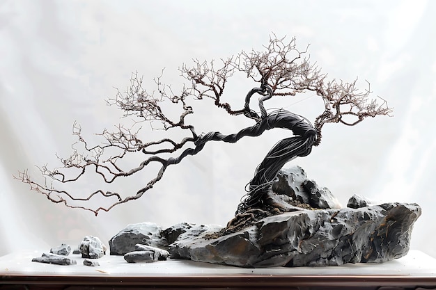 Wire Sculpture of a Bonsai Tree on Rocks