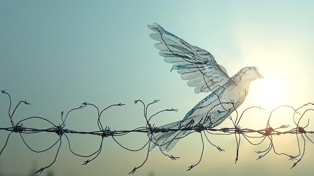 Photo a wire sculpture of a dove perched on barbed wire with the sun shining behind it