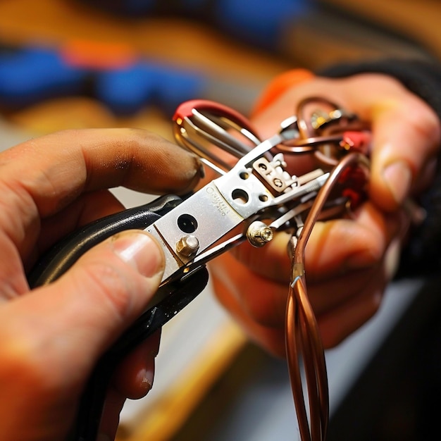 Photo a wire stripping and crimping tool in action