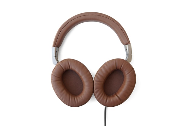 wired headphones in classic style brown leather design isolated on white background