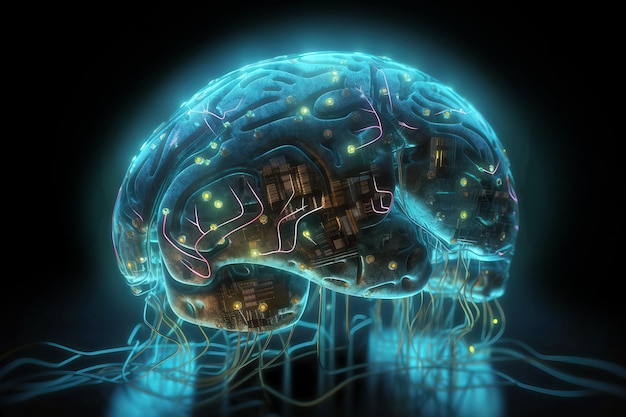 Wired human brain merged with circuitry fusion of human and AI metaphor Generative AI illustration