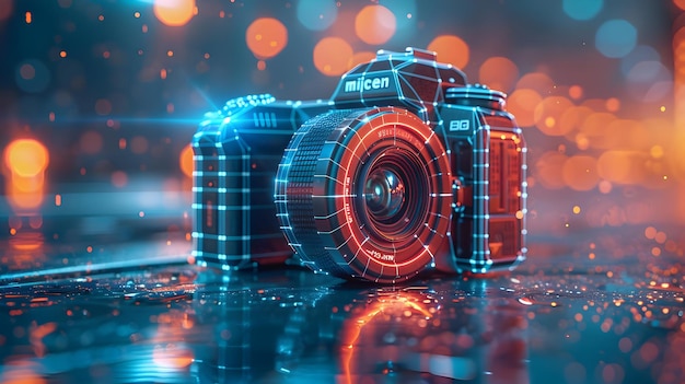 Wireframe Camera Illustration with Bokeh Lights