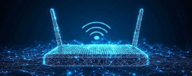 Photo wireframe illustration of a wifi router with abstract network connections