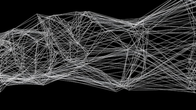 Photo wireframe of many thin white lines computer generated 3d rendering of abstract shape and background